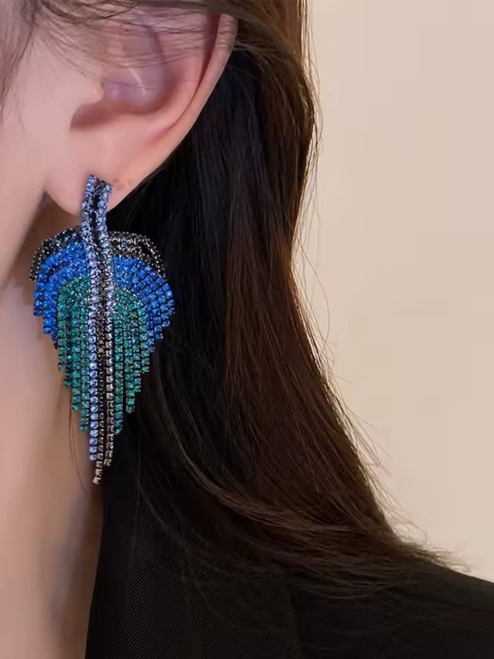 Blue and Green Crystal Fringe Earrings